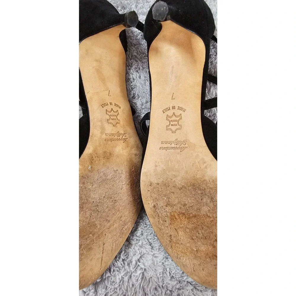 BUTTER Italian Suede Crisscross Ankle Strap Kitten Heels Black Womens 7